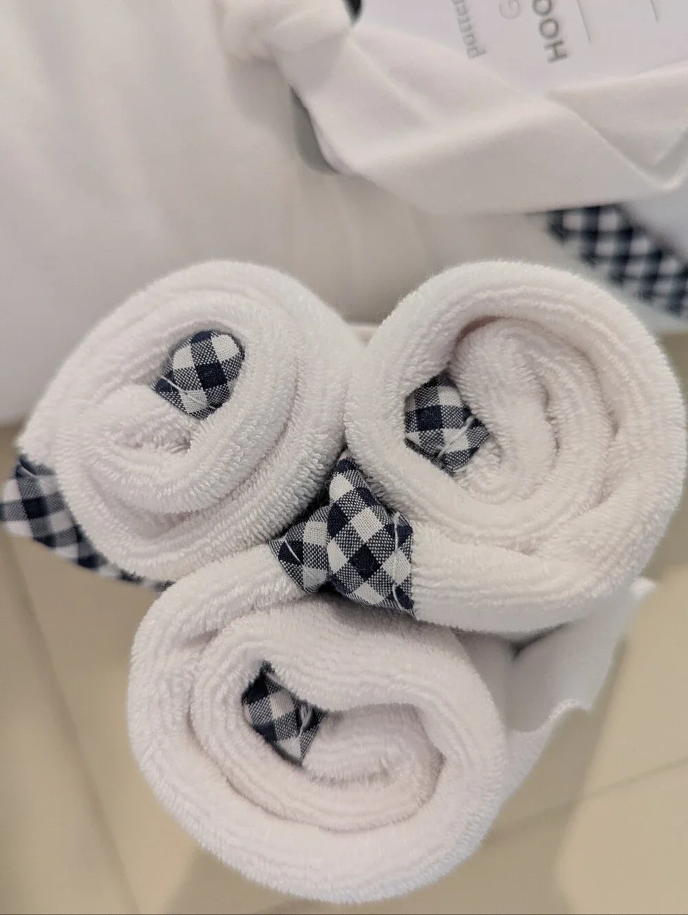 Pottery Barn Baby | White Hooded Towel & Navy Gingham-Trim Wash Cloth Set